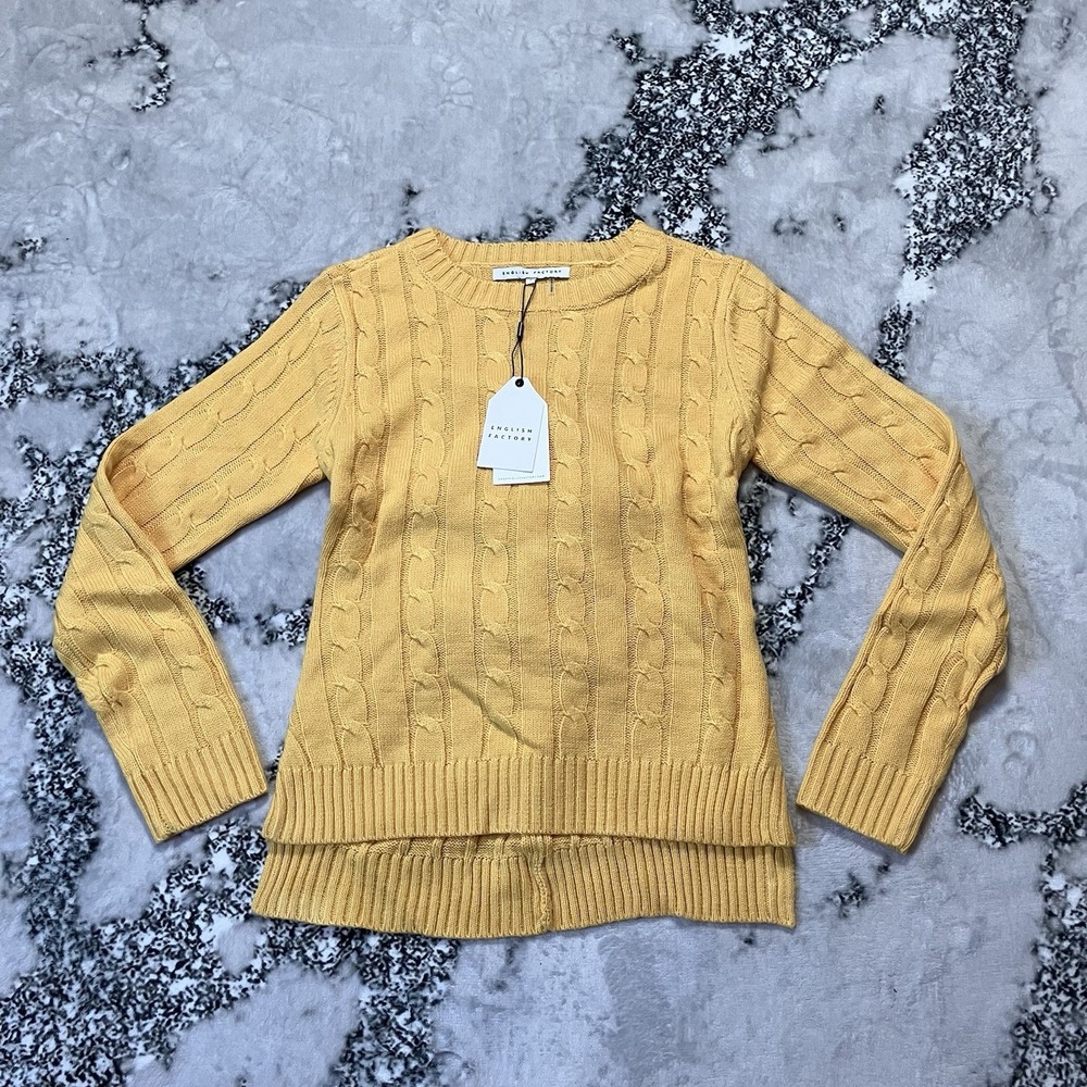 English Factory Sweater Womens Size S Yellow Dandelion Knot Back Cable Knit
